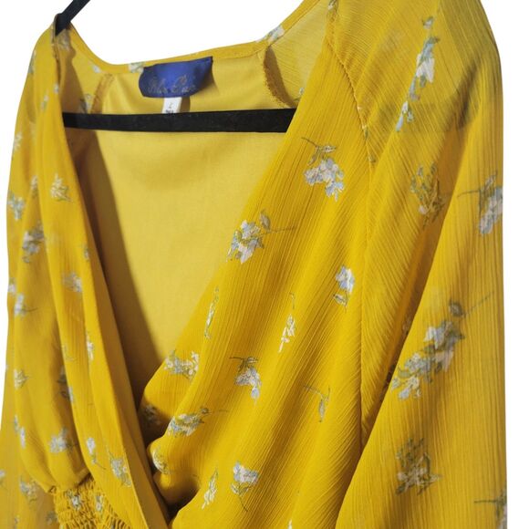 Blue Rain Womens Sz L Yellow Floral Long Sleeve Crop Top Blouse - Picture 4 of 11